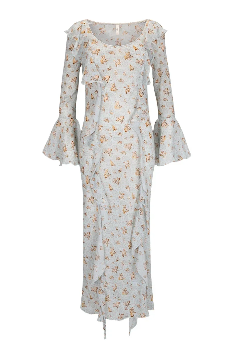 Spell & The Gypsy Fleur Frill Bias Teapot Blue Maxi Dress