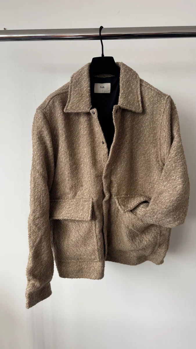 Folk Mens Beige Tweed Patch Pocket Snap Button Shacket Jacket - Imagen 2