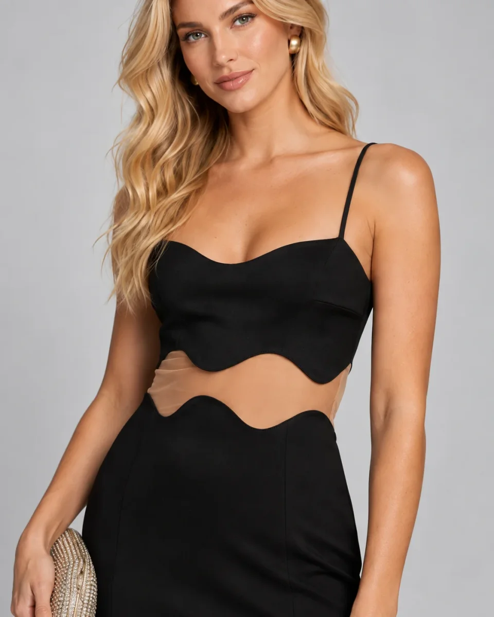 Galvan London Black Siren Cut Out Mesh Panel Maxi Dress - Imagen 6
