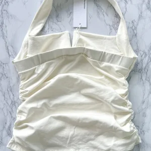 Reformation Arwen White Knit Halterneck Ruched Side Top