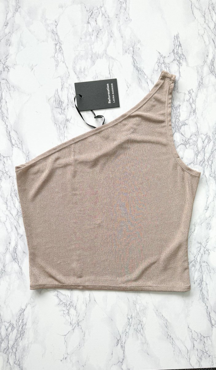 Reformation x Laura Harrier Taupe Maddie Knit One Shoulder Top - Imagen 4