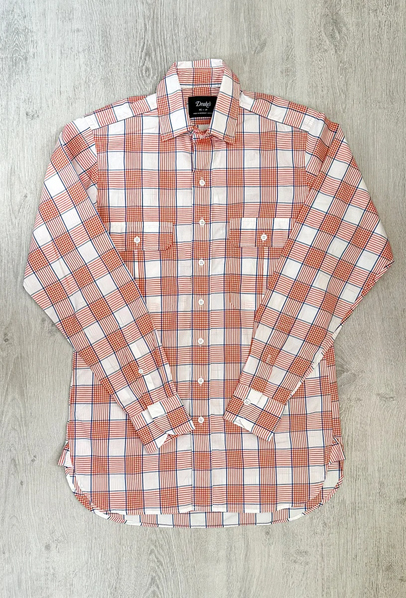Drake's Check Red White Double Pocket Cotton Shirt - Imagen 2
