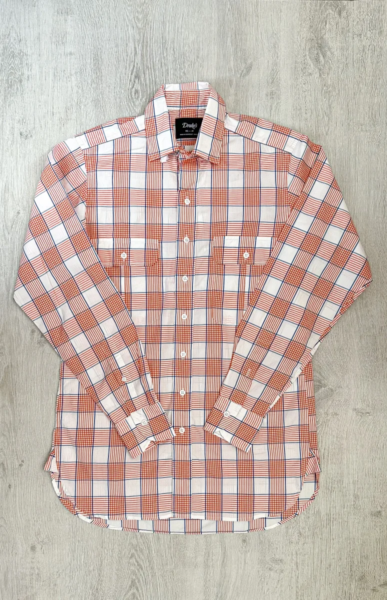 Drake's Check Red White Double Pocket Cotton Shirt - Imagen 8