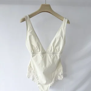 Pain De Sucre Cream Crochet Hip Sides V-neck Swimsuit