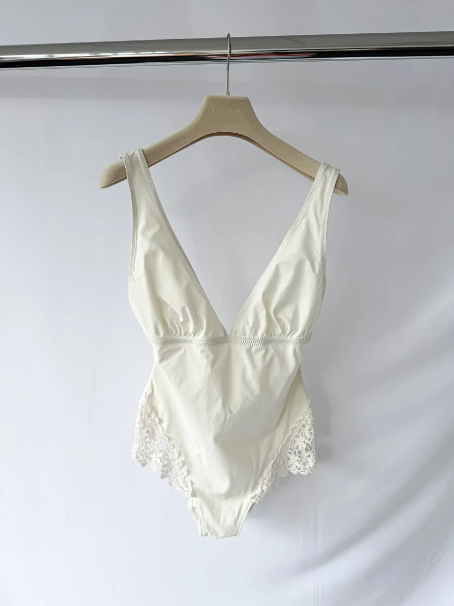 Pain De Sucre Cream Crochet Hip Sides V-neck Swimsuit