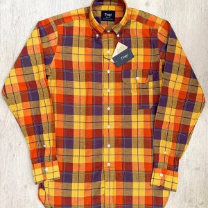 Drake's Check Red Yellow Cotton Linen Long Sleeve Collared Shirt