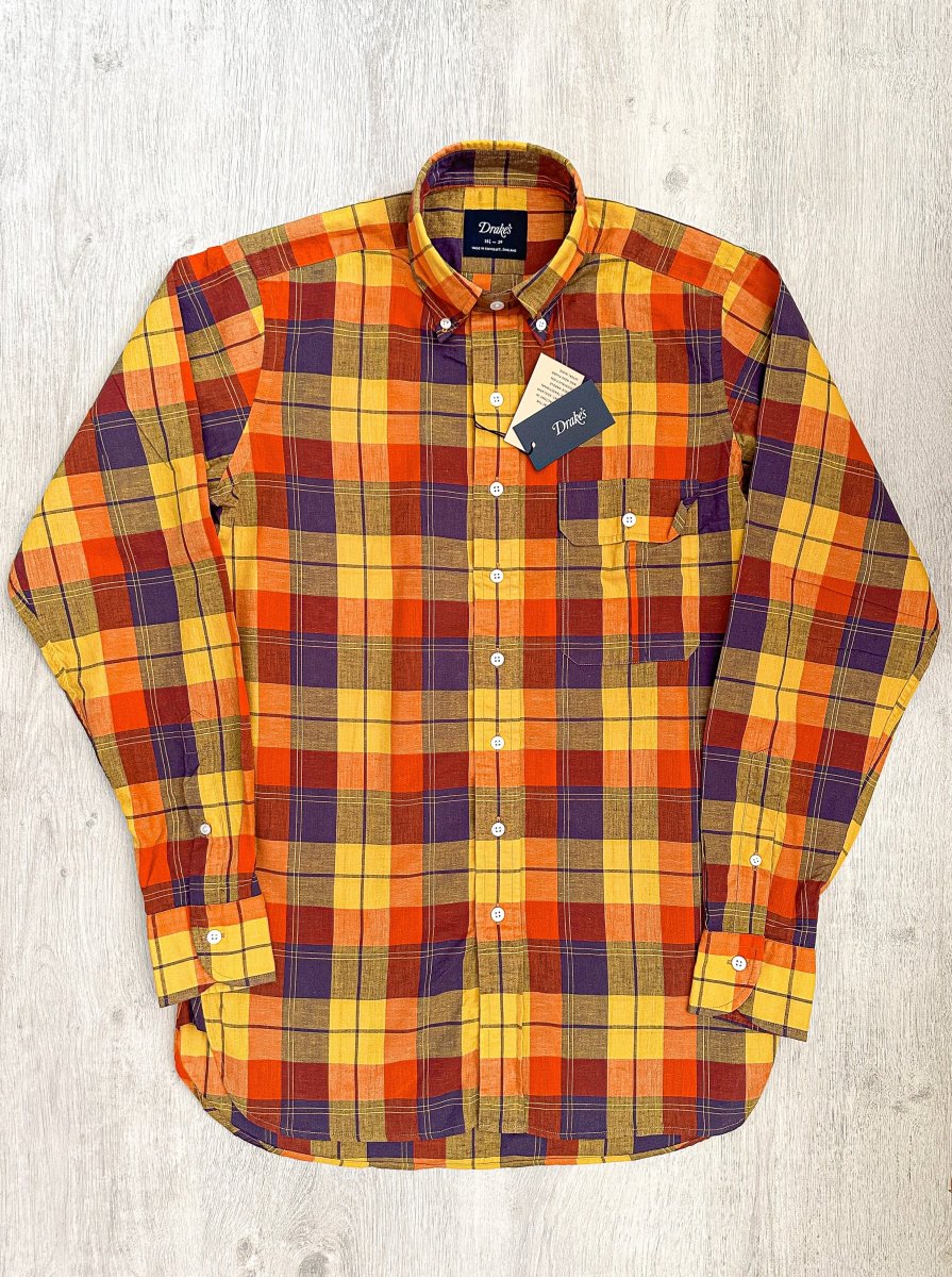 Drake's Check Red Yellow Cotton Linen Long Sleeve Collared Shirt - Imagen 2