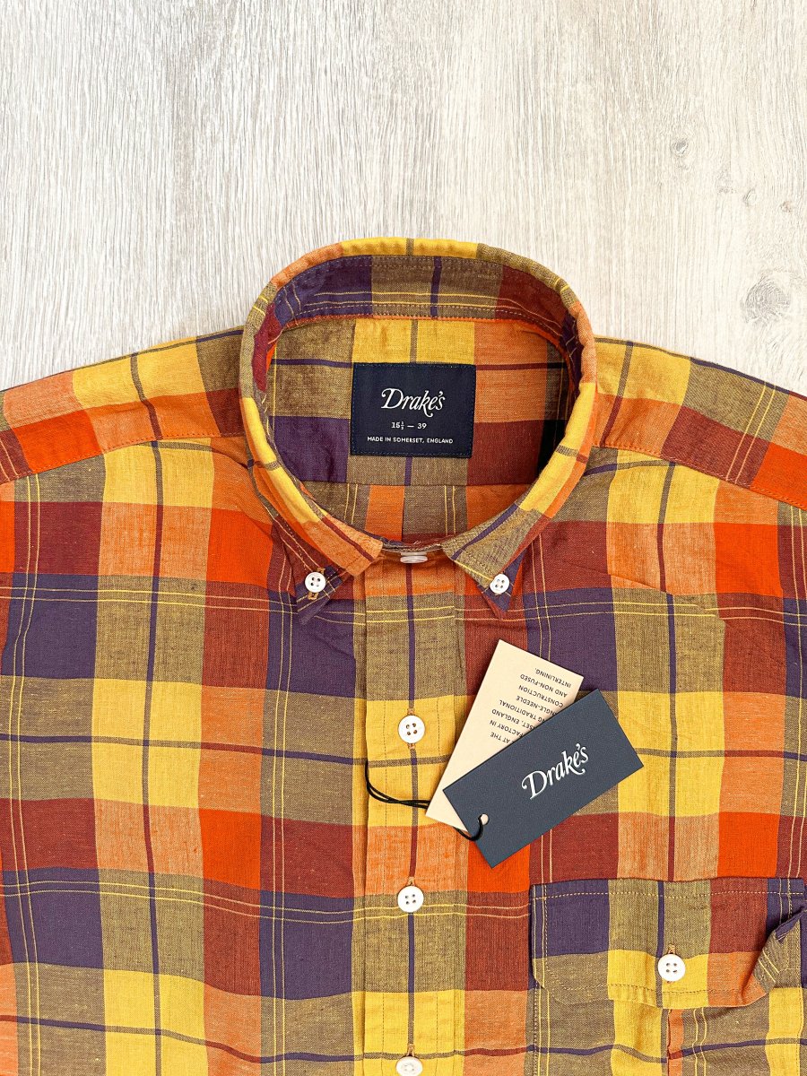 Drake's Check Red Yellow Cotton Linen Long Sleeve Collared Shirt - Imagen 5