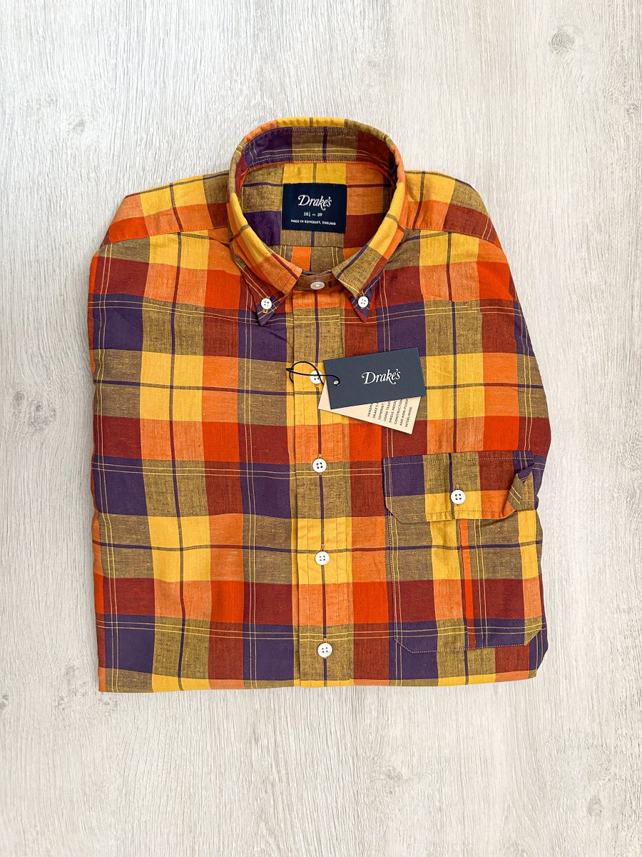 Drake's Check Red Yellow Cotton Linen Long Sleeve Collared Shirt - Imagen 6