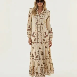 Farm Rio Jacquard Embroidered Ikat Long Sleeve Midi Dress
