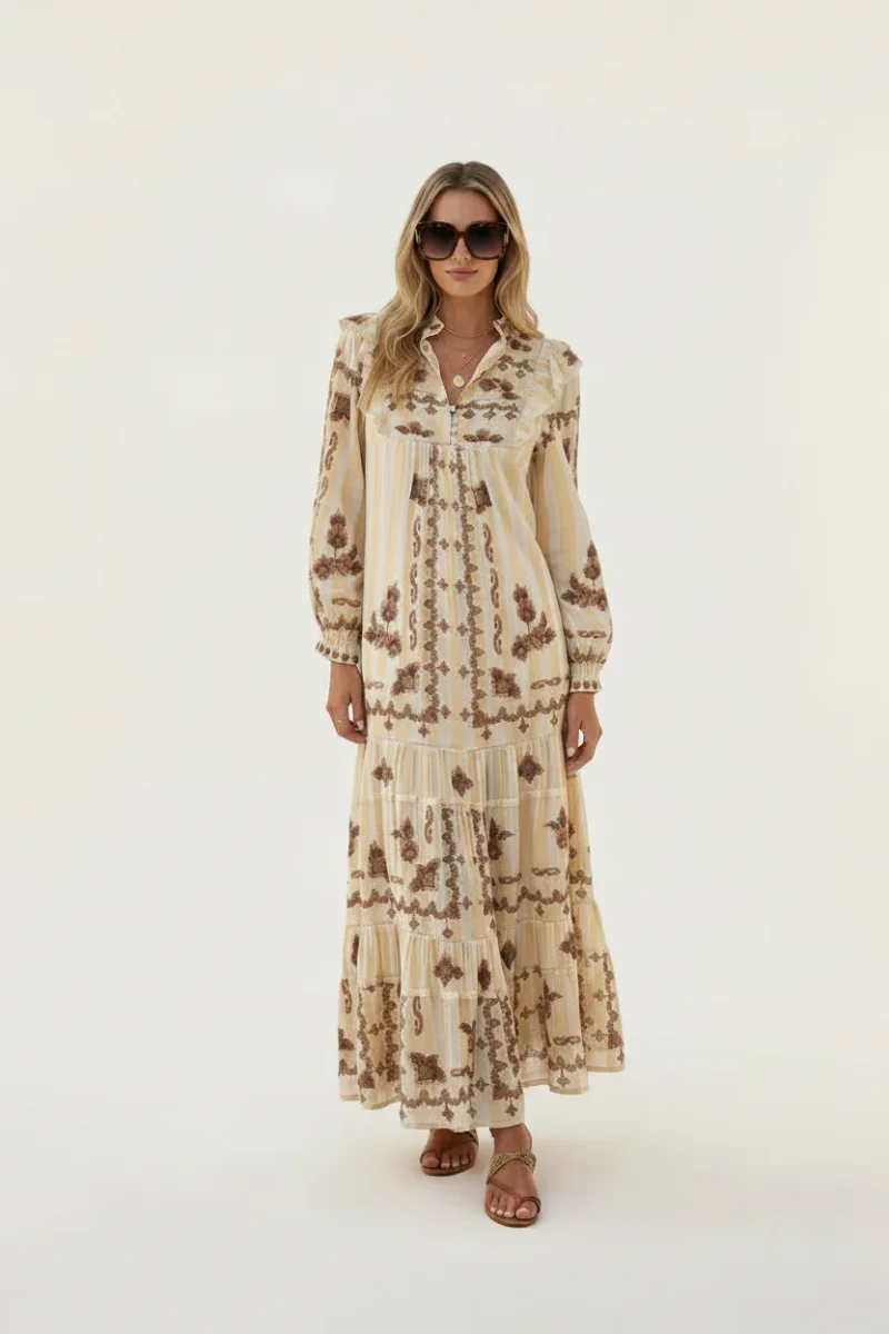 Farm Rio Jacquard Embroidered Ikat Long Sleeve Midi Dress