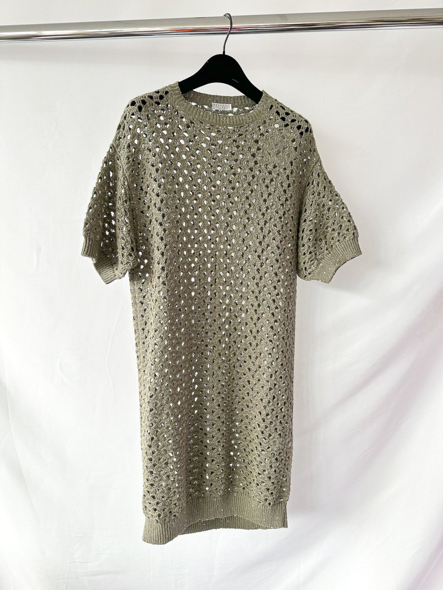 Brunello Cucinelli Green Crochet Open Knit Cotton Linen Silk Blend Dress - Imagen 3