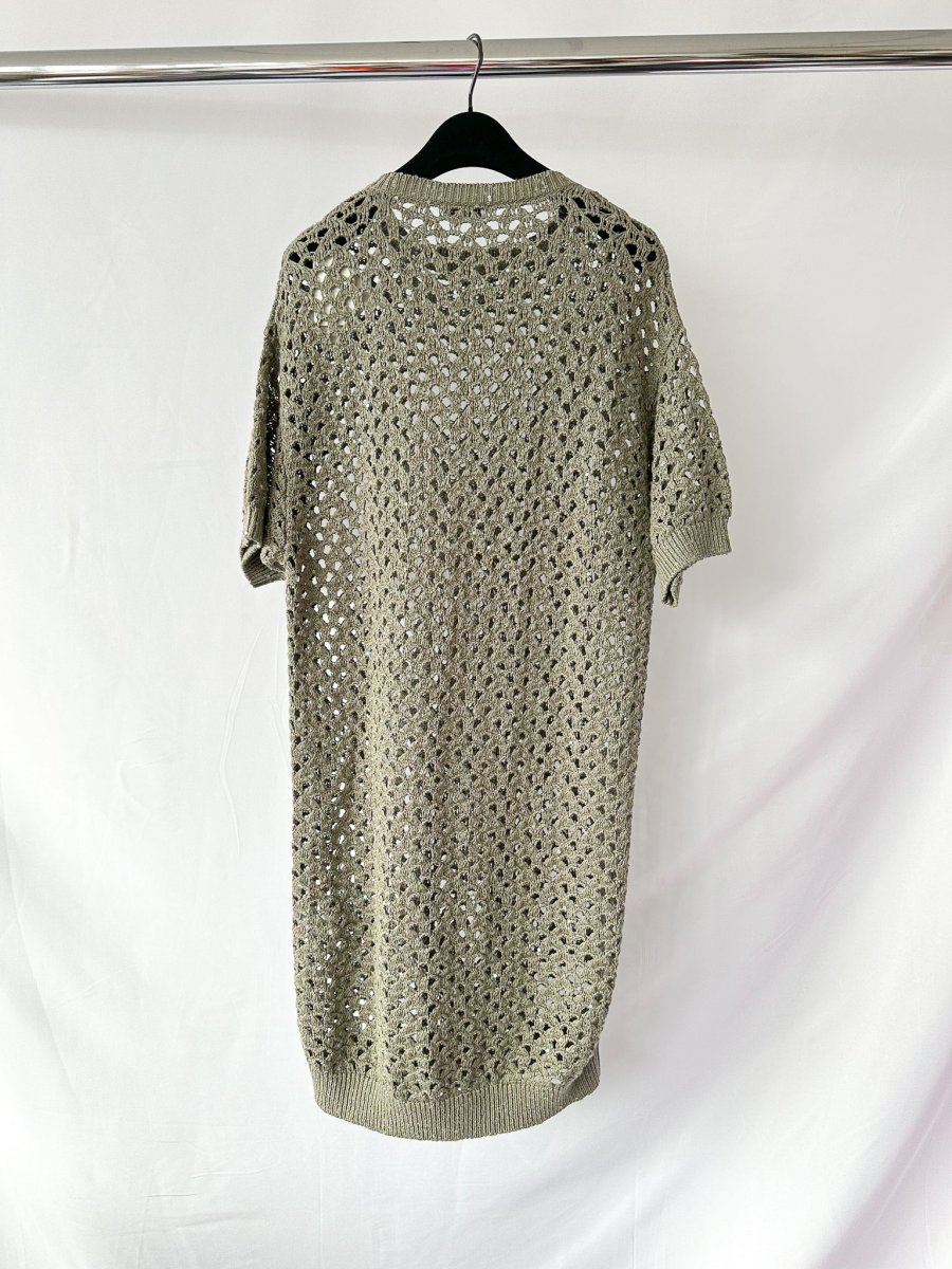 Brunello Cucinelli Green Crochet Open Knit Cotton Linen Silk Blend Dress - Imagen 5