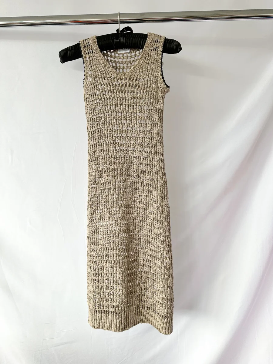 Brunello Cucinelli Beige Crochet Open Knit Linen Silk Blend Sleeveless Midi Dress - Imagen 4
