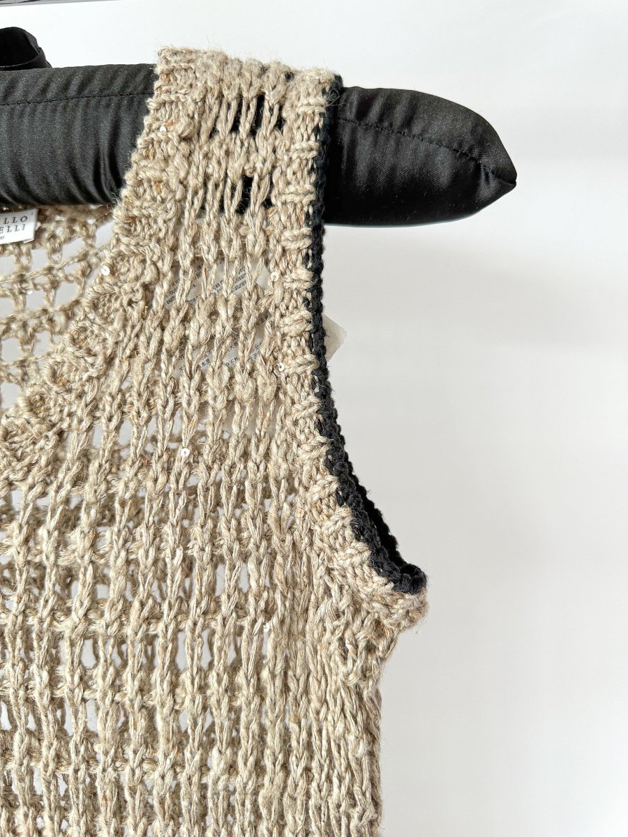 Brunello Cucinelli Beige Crochet Open Knit Linen Silk Blend Sleeveless Midi Dress - Imagen 7
