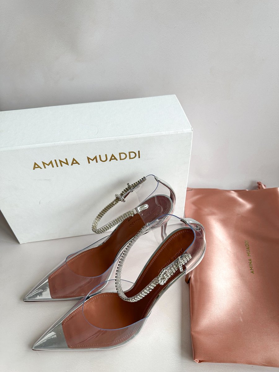 AMINA MUADDI Ursina Crystal Ankle Strap Glass Clear High Heels - Imagen 8