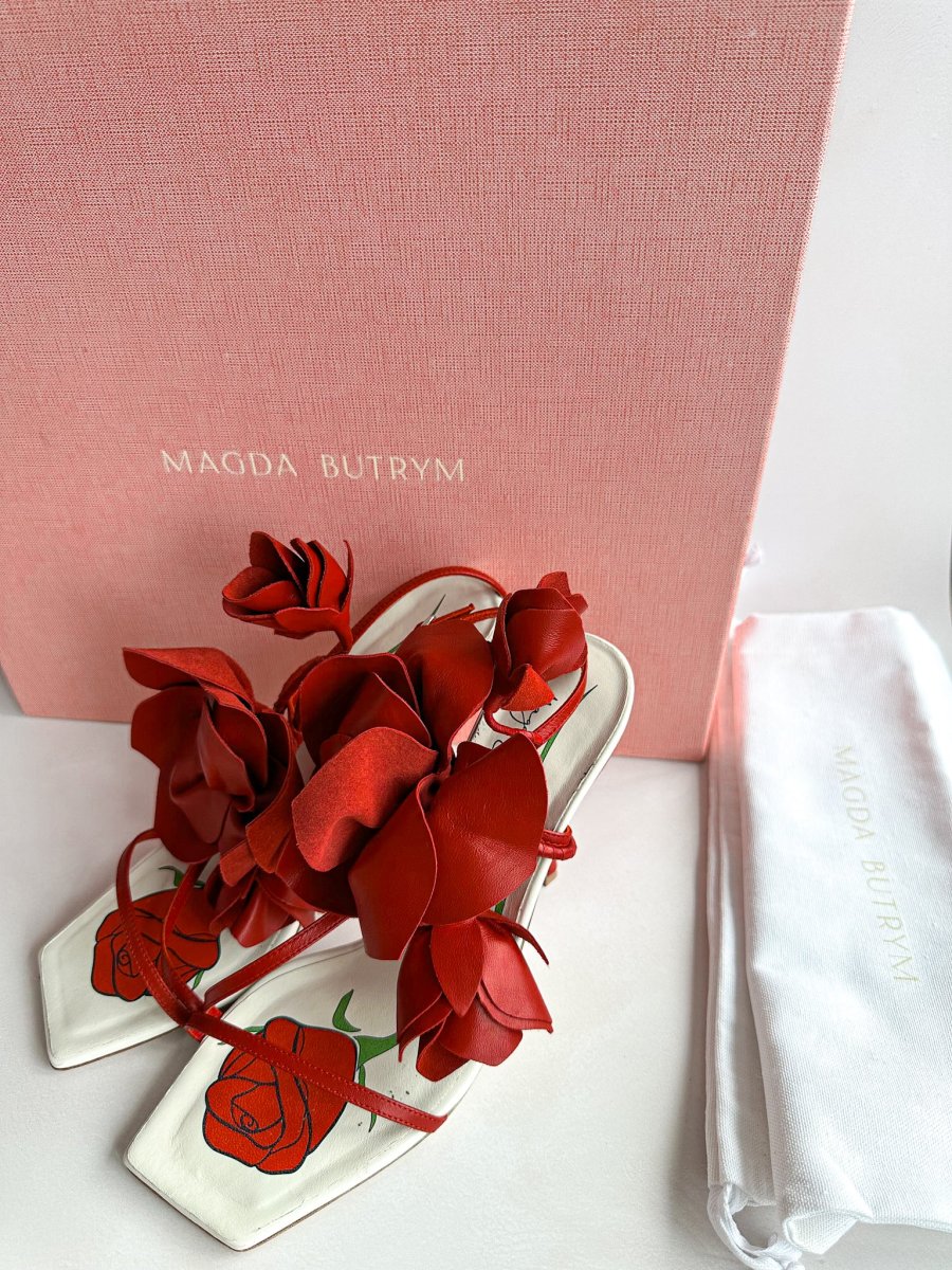 Magda Butrym Red Flower Leather Detail Sandal High Heels - Imagen 2