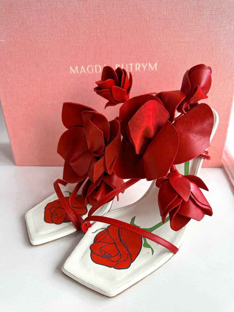 Magda Butrym Red Flower Leather Detail Sandal High Heels - Imagen 3