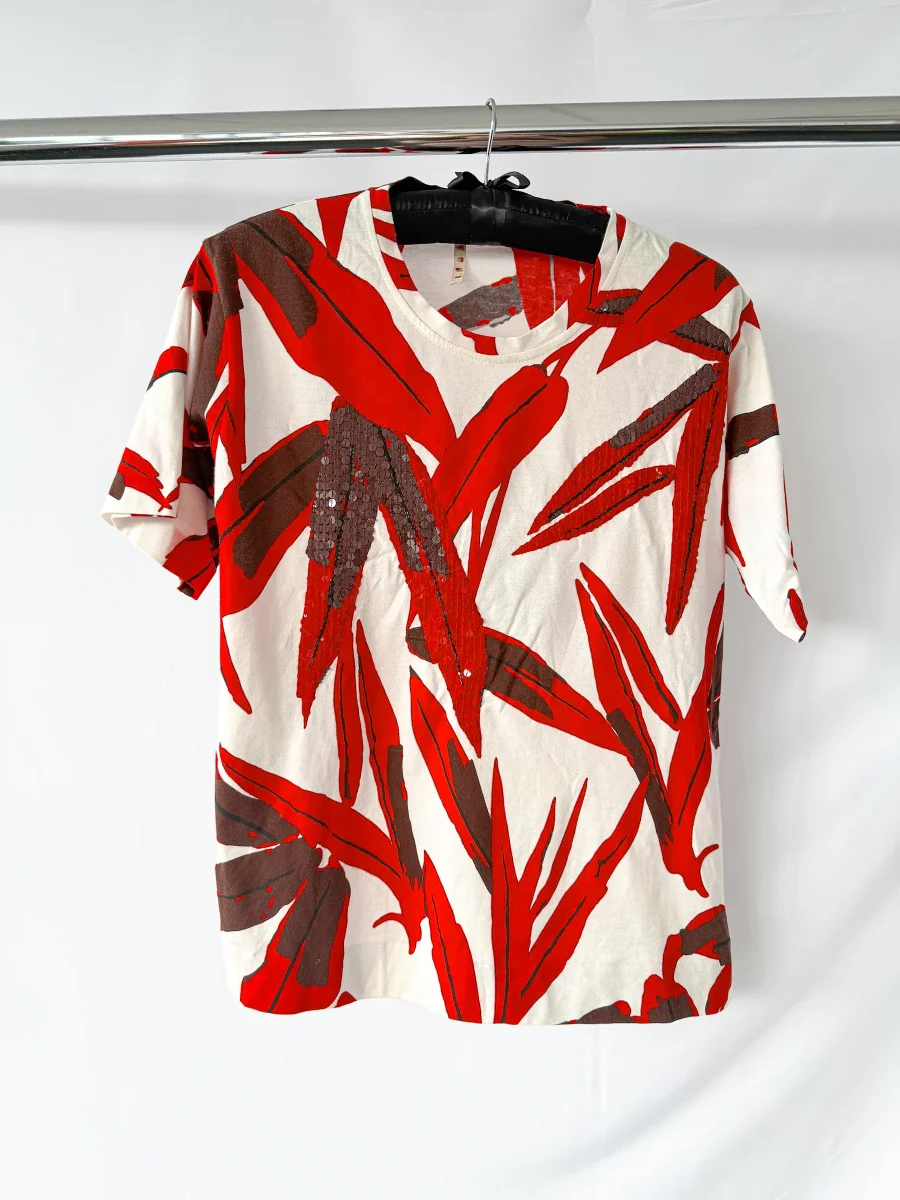 Marni Leaf Print Red White Sequin Detail T-Shirt - Imagen 2