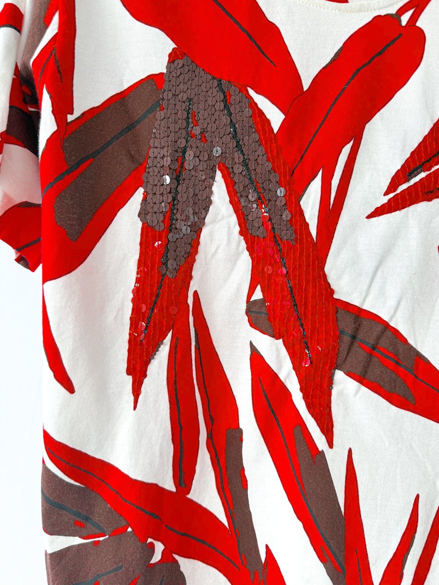 Marni Leaf Print Red White Sequin Detail T-Shirt - Imagen 3