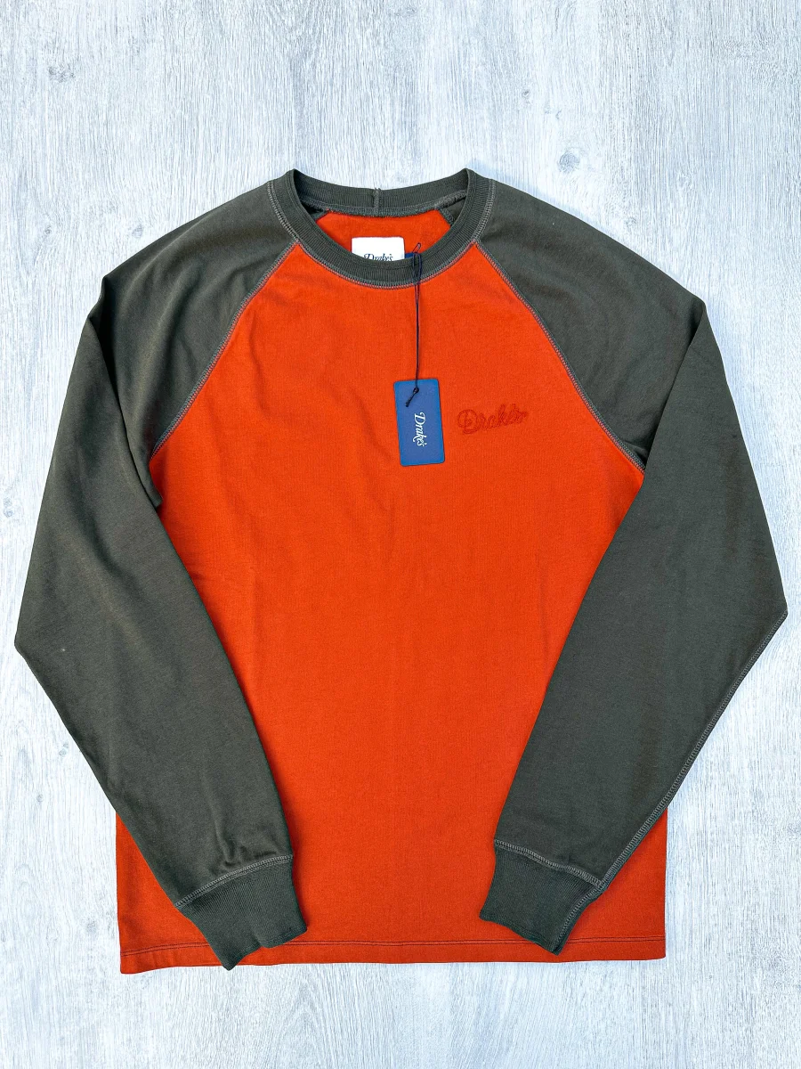 Drake's Rust & Green Long Sleeve Hiking Tee With Chain Stitch Logo