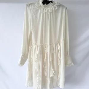 See by Chloe Cream Ruffle Lace Trim Detail Long Sleeve Dress