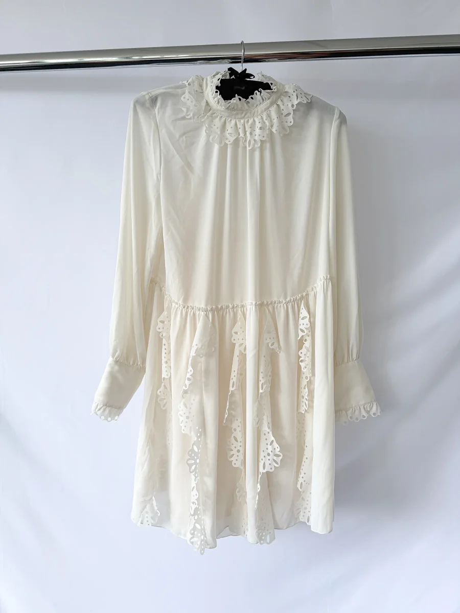 See by Chloe Cream Ruffle Lace Trim Detail Long Sleeve Dress