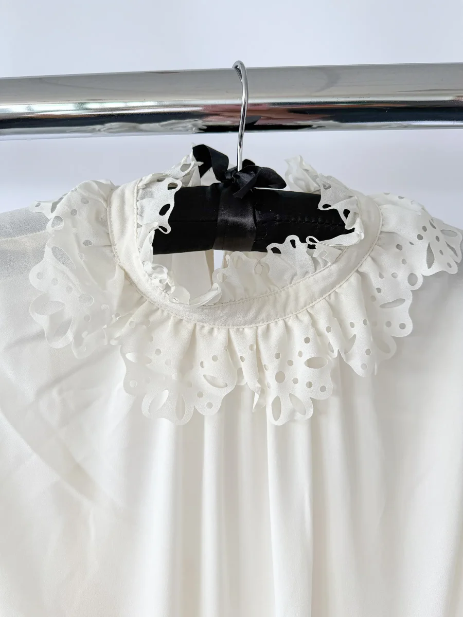 See by Chloe Cream Ruffle Lace Trim Detail Long Sleeve Dress - Imagen 3