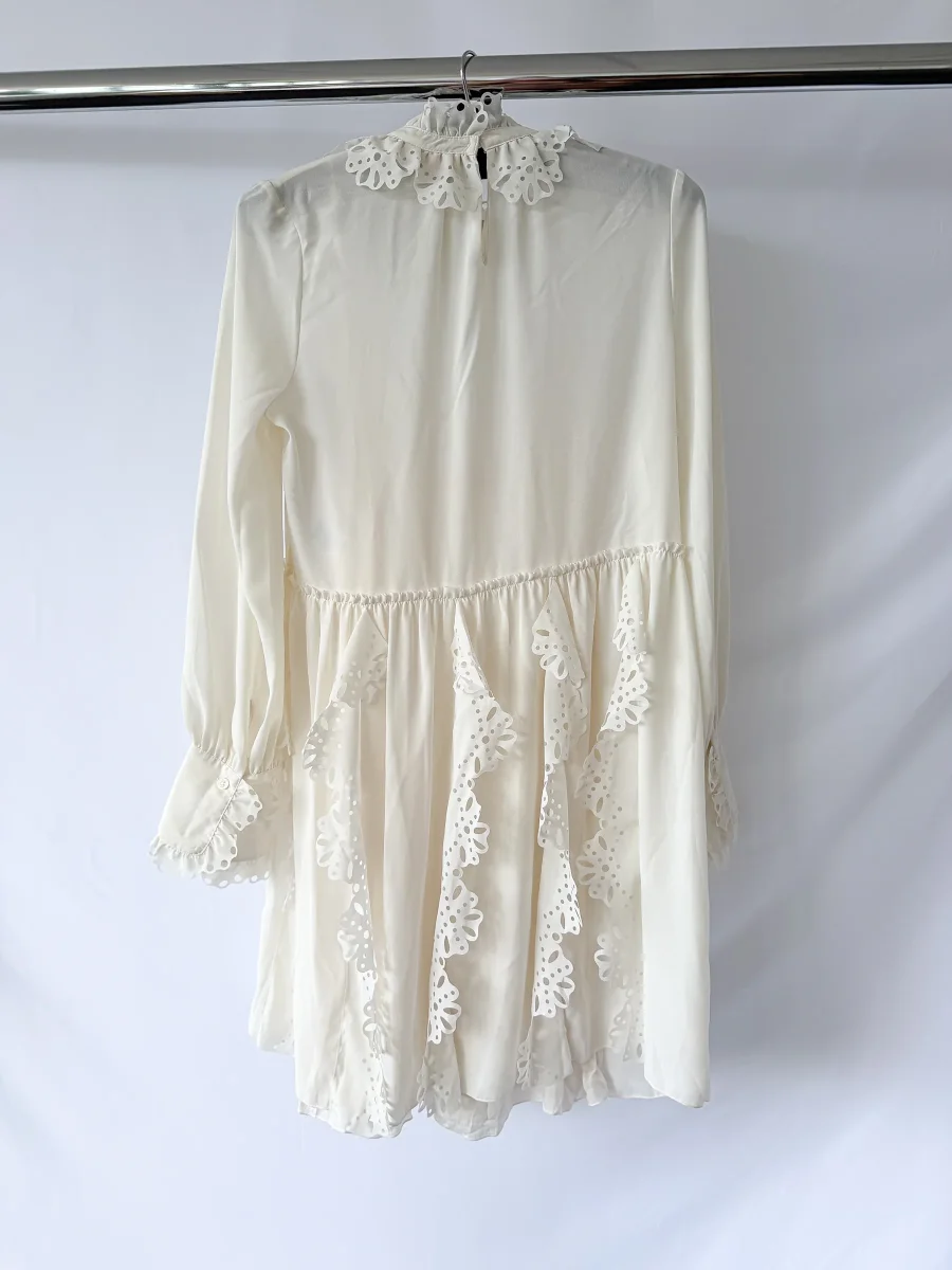 See by Chloe Cream Ruffle Lace Trim Detail Long Sleeve Dress - Imagen 5