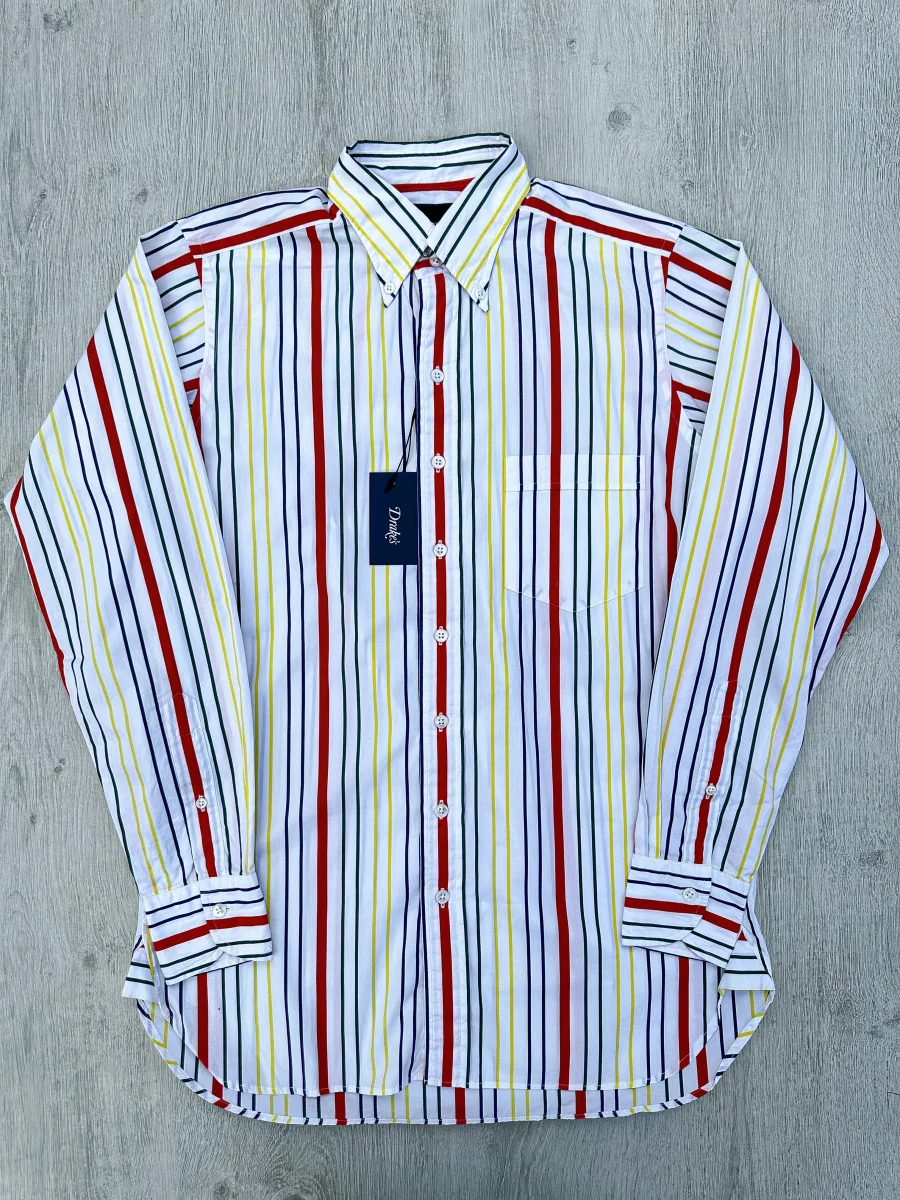 Drake's White Red Yellow Green Striped Formal Shirt