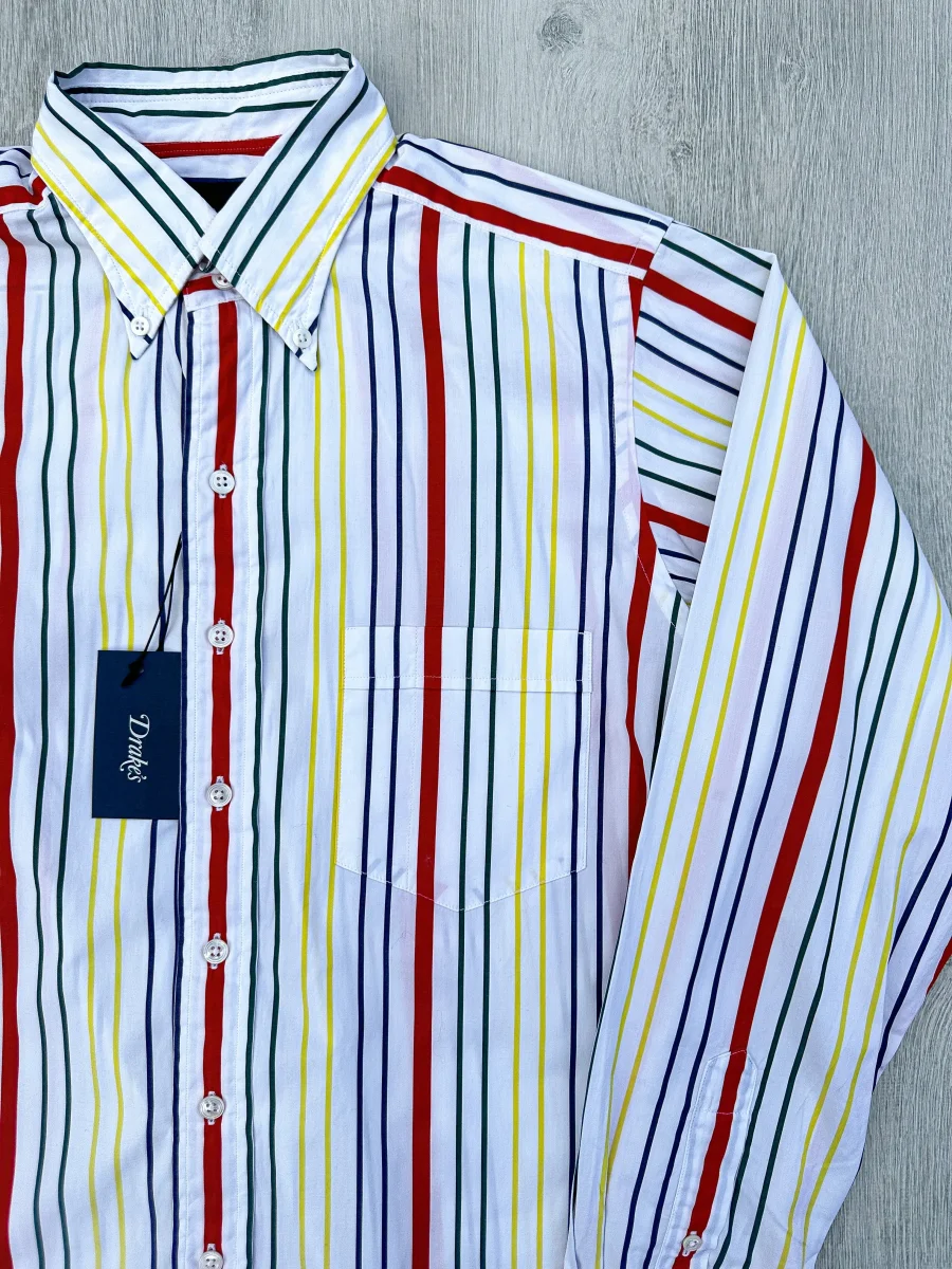 Drake's White Red Yellow Green Striped Formal Shirt - Imagen 5