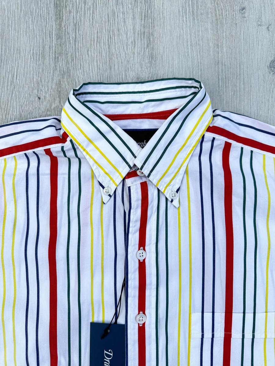 Drake's White Red Yellow Green Striped Formal Shirt - Imagen 6
