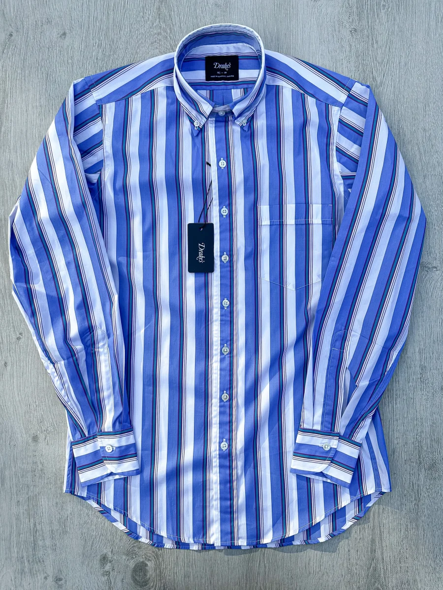 Drake's Blue White Purple Striped Formal Shirt - Imagen 2