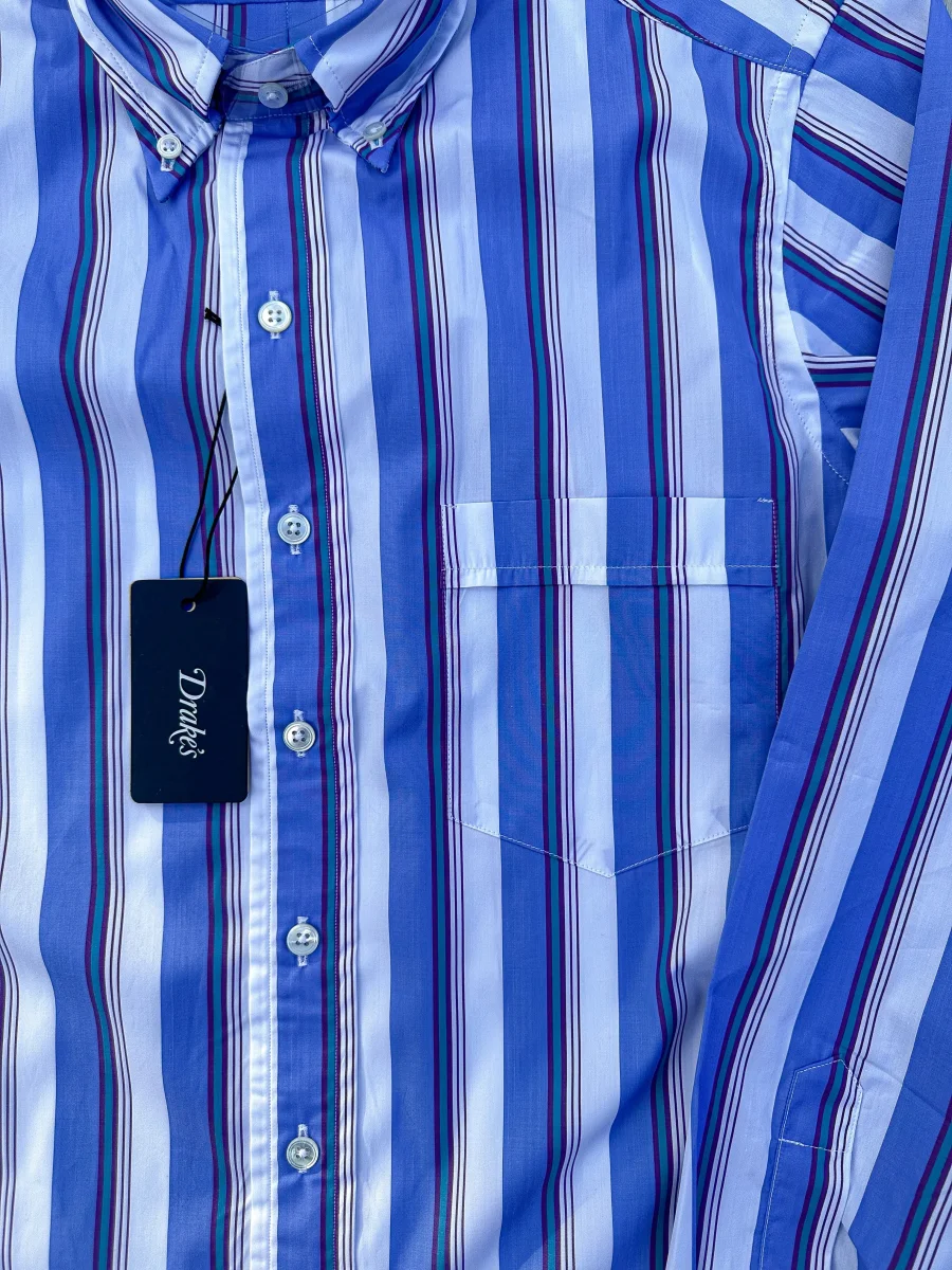 Drake's Blue White Purple Striped Formal Shirt - Imagen 5