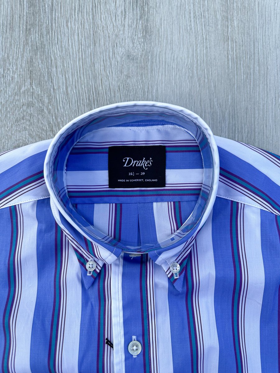 Drake's Blue White Purple Striped Formal Shirt - Imagen 6