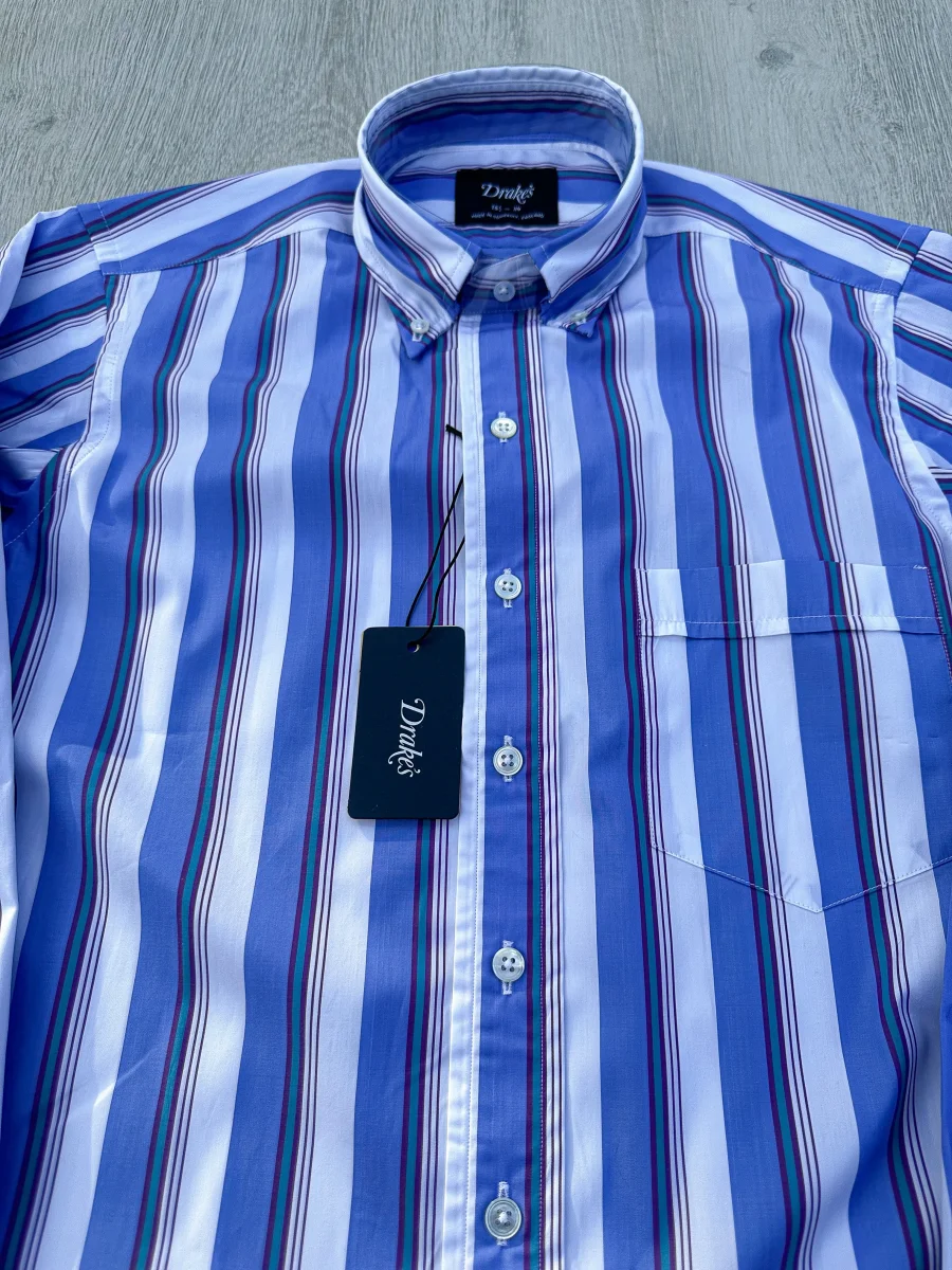 Drake's Blue White Purple Striped Formal Shirt - Imagen 7