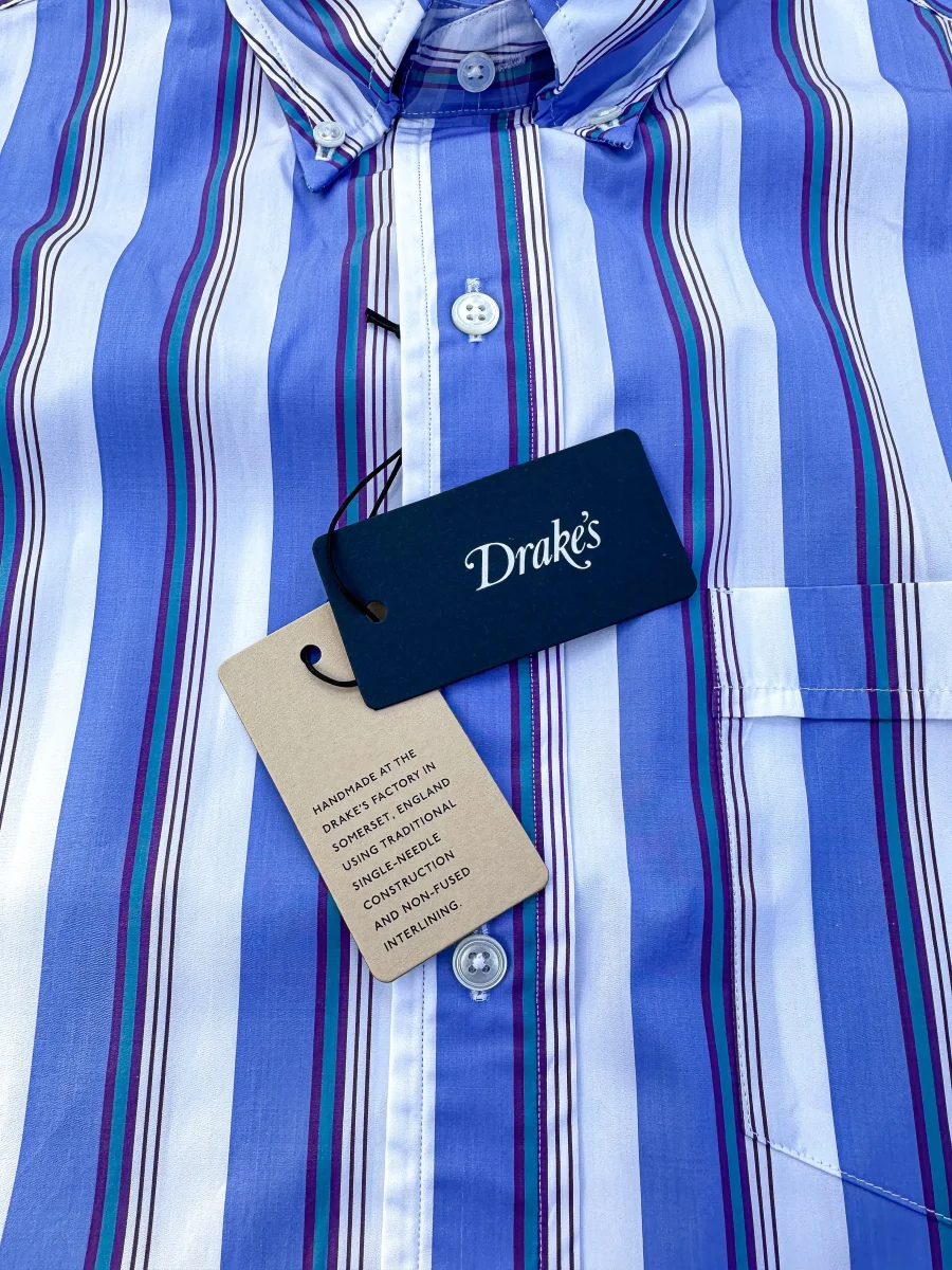 Drake's Blue White Purple Striped Formal Shirt - Imagen 8