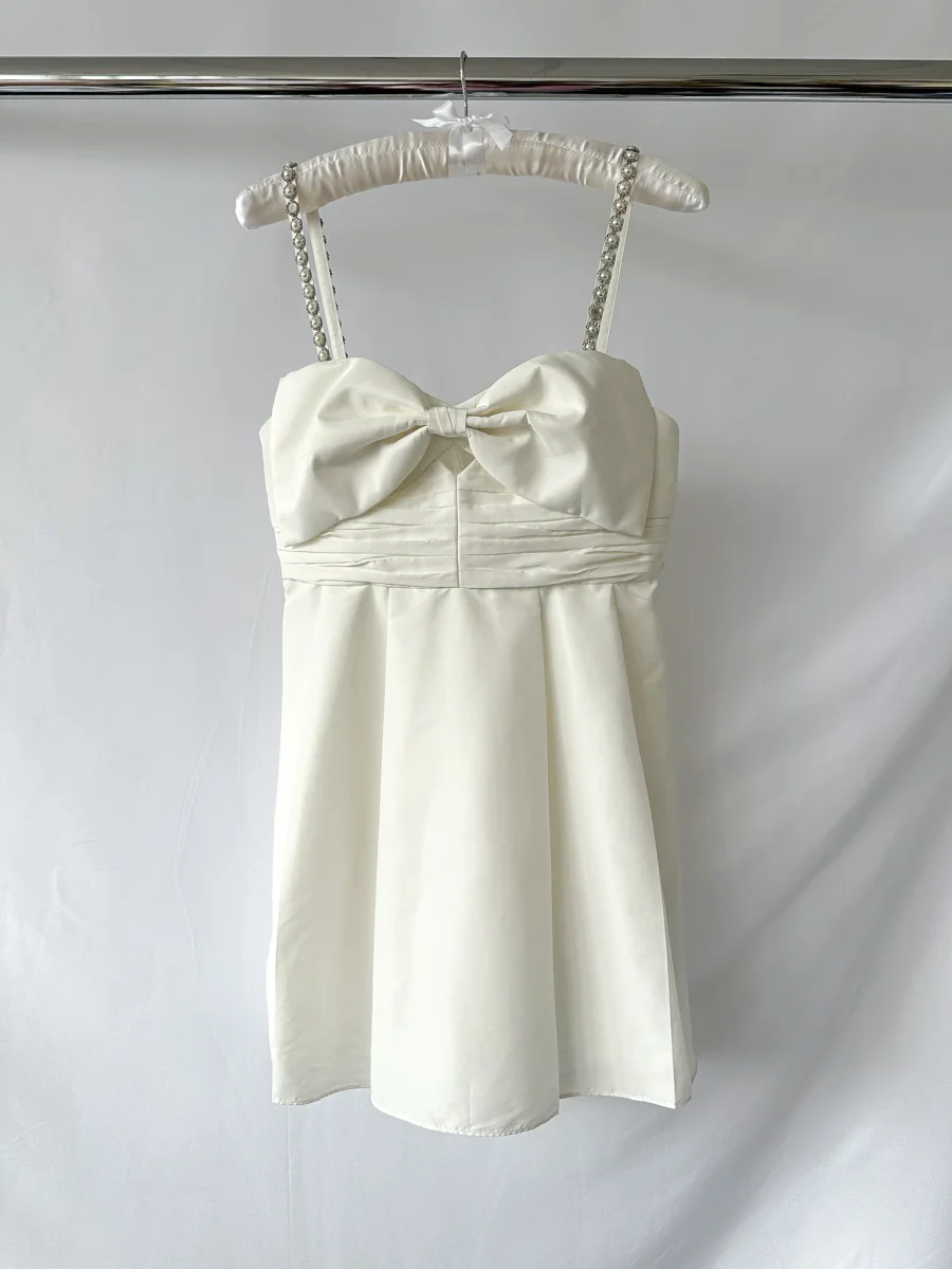 Self-Portrait White Bow Front Embellished Strap Taffeta Mini Dress - Imagen 8