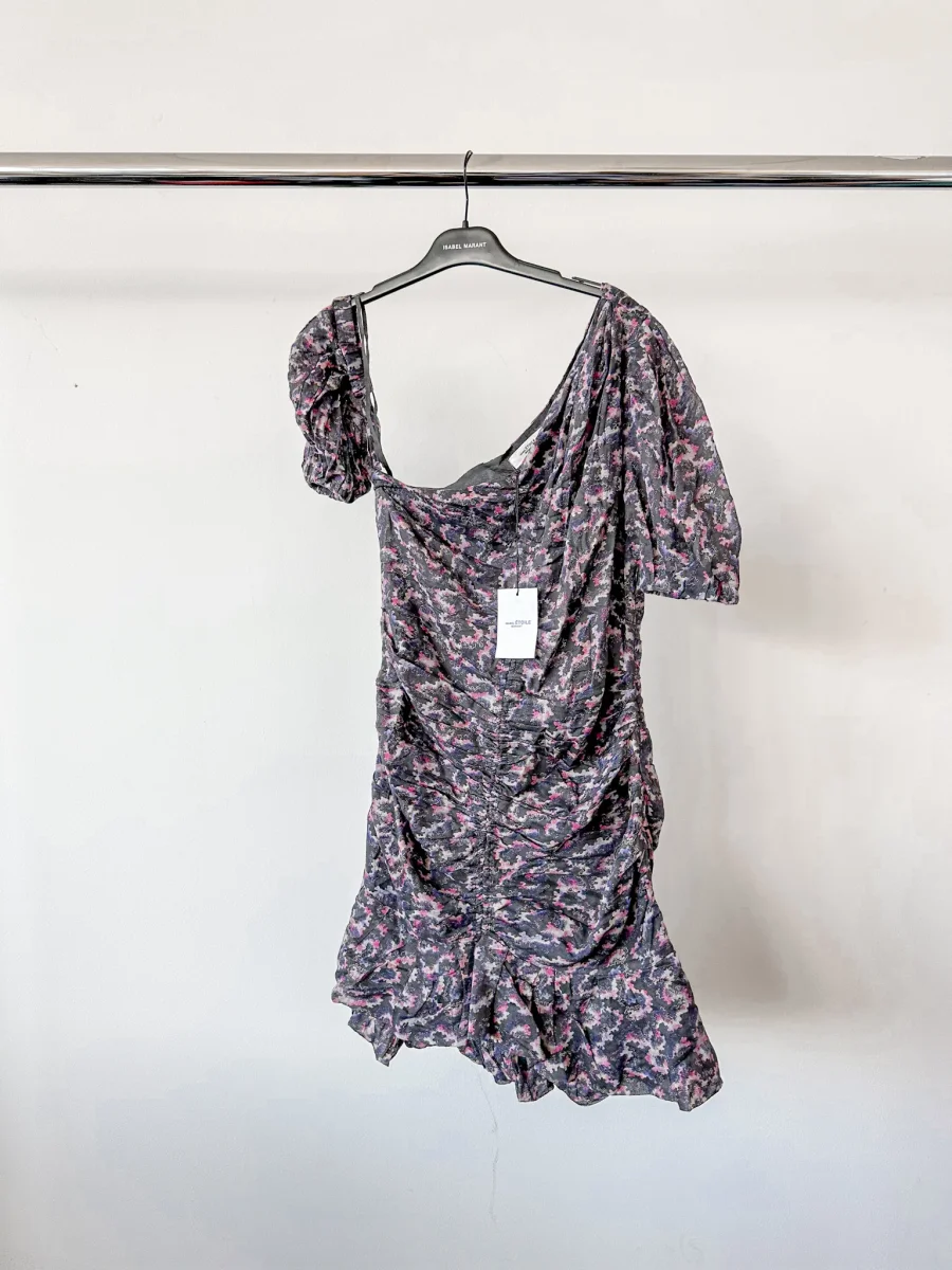 Isabel Marant Etoile Lecia Black Floral Print Ruched Off Shoulder Dress - Imagen 6