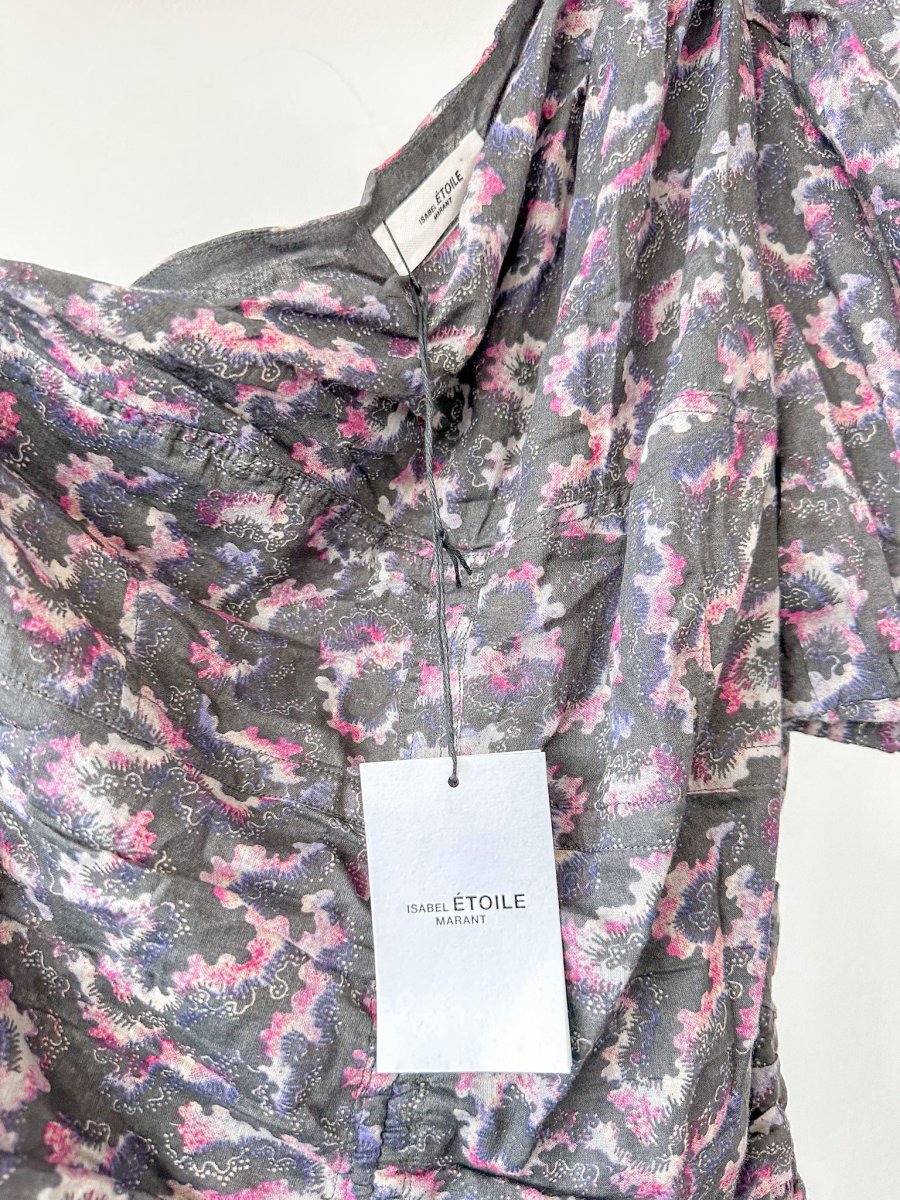 Isabel Marant Etoile Lecia Black Floral Print Ruched Off Shoulder Dress - Imagen 7