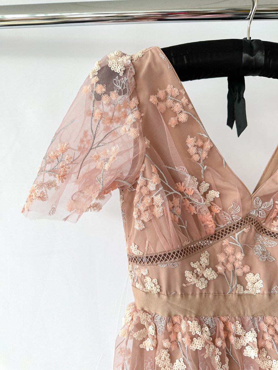 Self-Portrait Pink Flower Mesh Tiered Midi Dress - Imagen 9