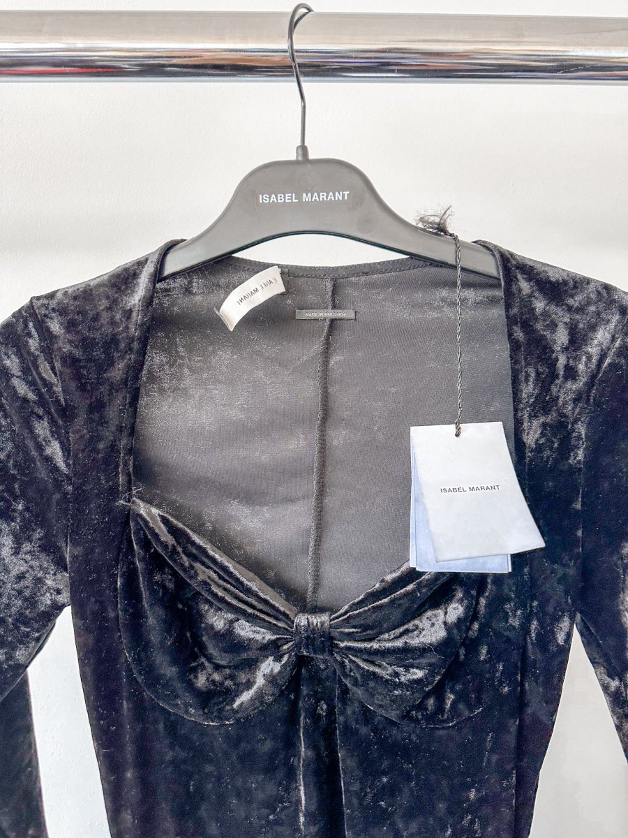 Isabel Marant Goji Black Velvet Sweetheart Neck Mini LBD Dress - Imagen 6