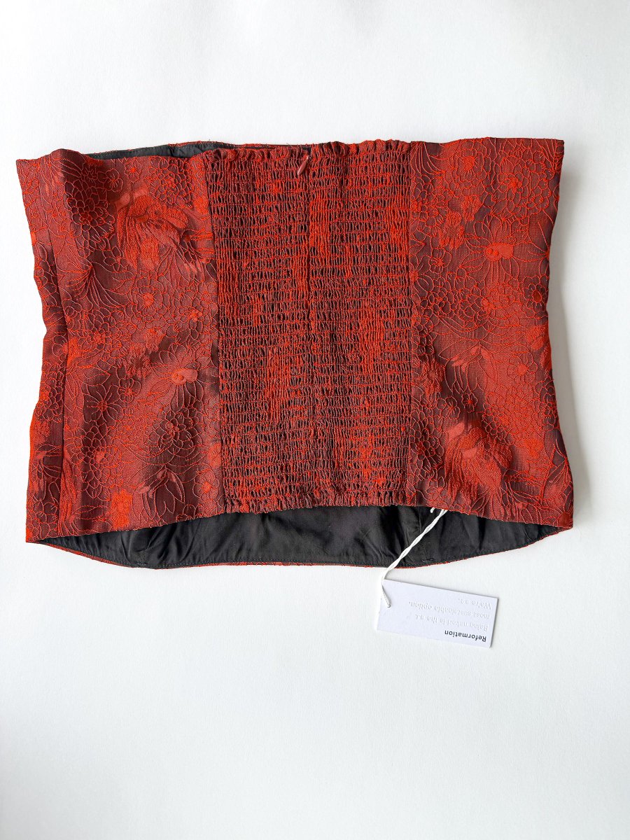 Reformation Giorgia Red Floral Jacquard Strapless Top - Imagen 5