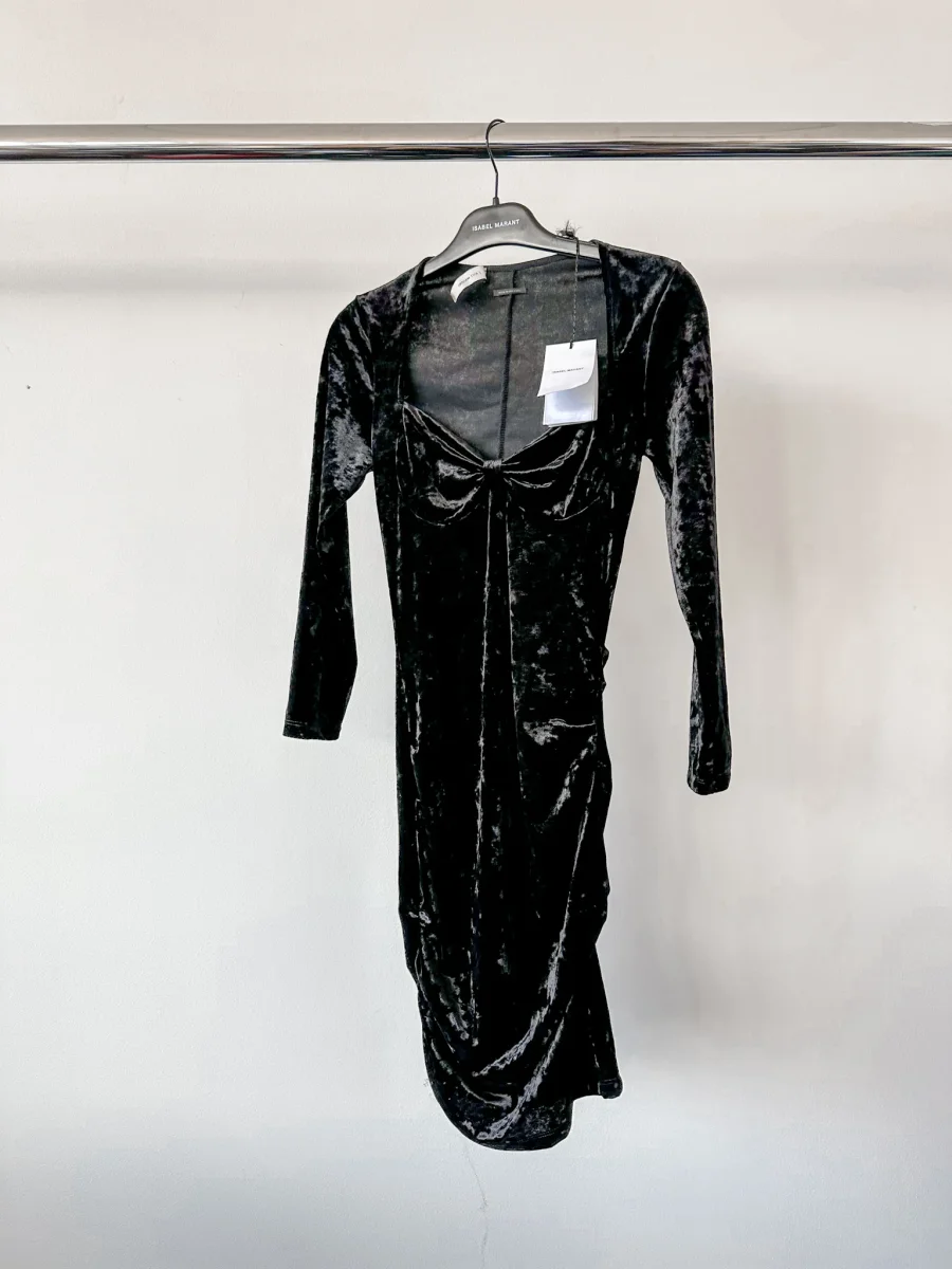 Isabel Marant Goji Black Velvet Sweetheart Neck Mini LBD Dress - Imagen 5