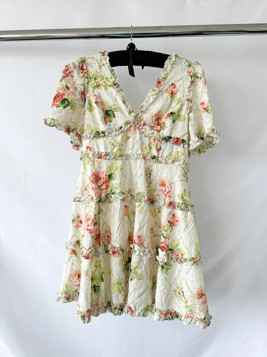 Needle and Thread Harlequin Floral Rose Print Ruffle Detail Mini Dress - Imagen 4