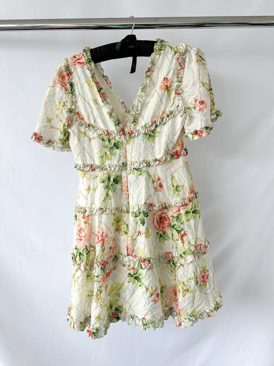 Needle and Thread Harlequin Floral Rose Print Ruffle Detail Mini Dress - Imagen 6
