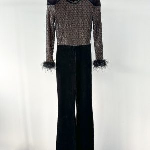 NADINE MERABI Black Monique Sequinned Lace Detail Feather Cuff Jumpsuit