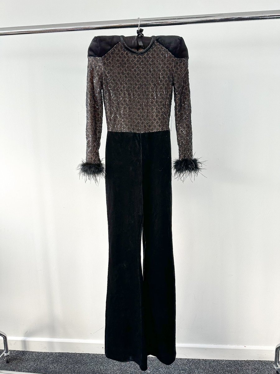 NADINE MERABI Black Monique Sequinned Lace Detail Feather Cuff Jumpsuit