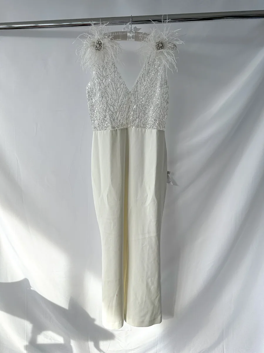 Nadine Merabi White Elissa Embellished Lace Feather Detail Jumpsuit - Imagen 5