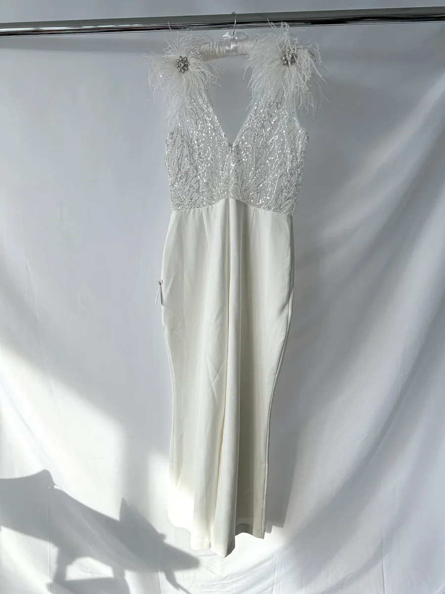 Nadine Merabi White Elissa Embellished Lace Feather Detail Jumpsuit - Imagen 7
